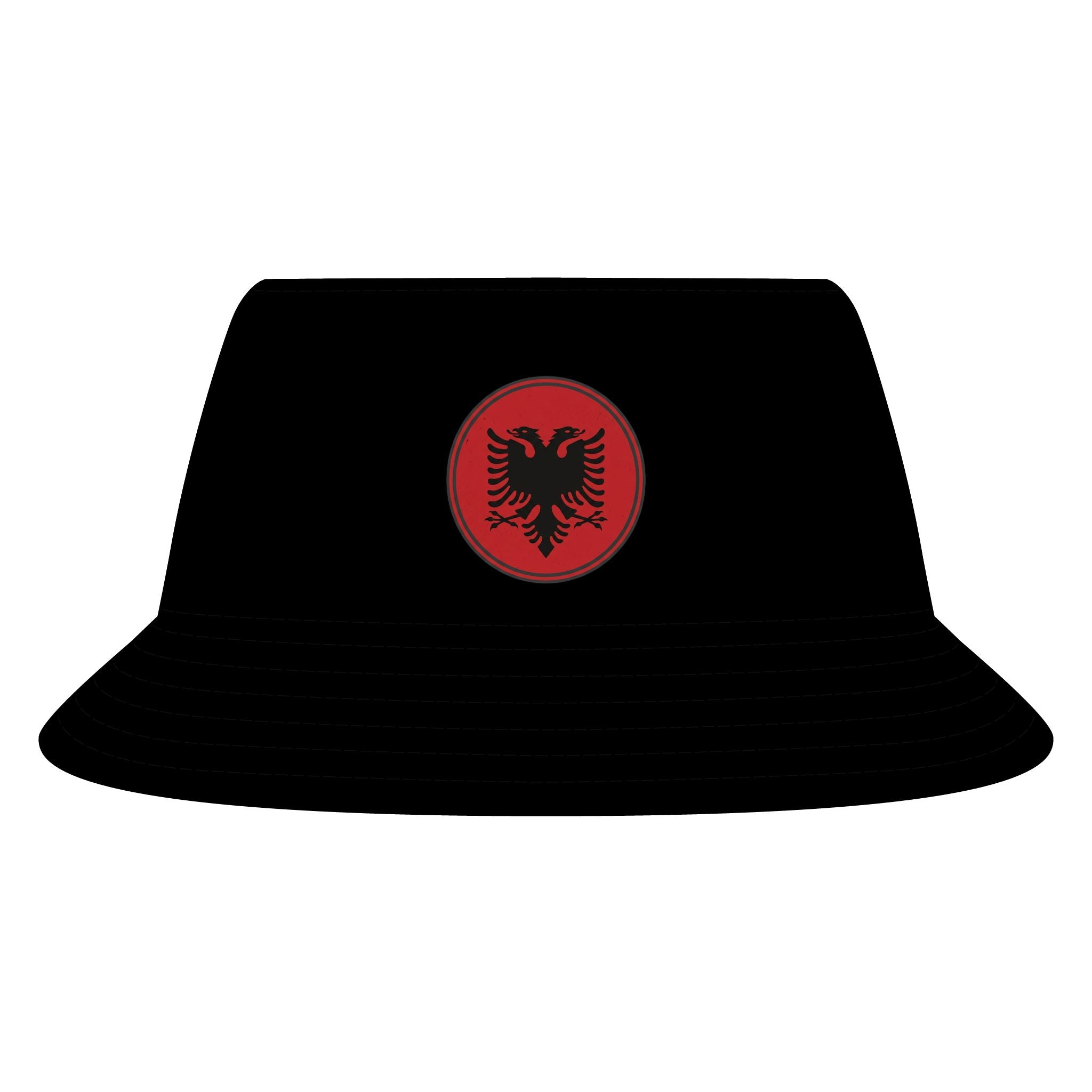 Albanian Eagle Bucket Hat — Sustainable Black Cotton Hat with Red Emblem