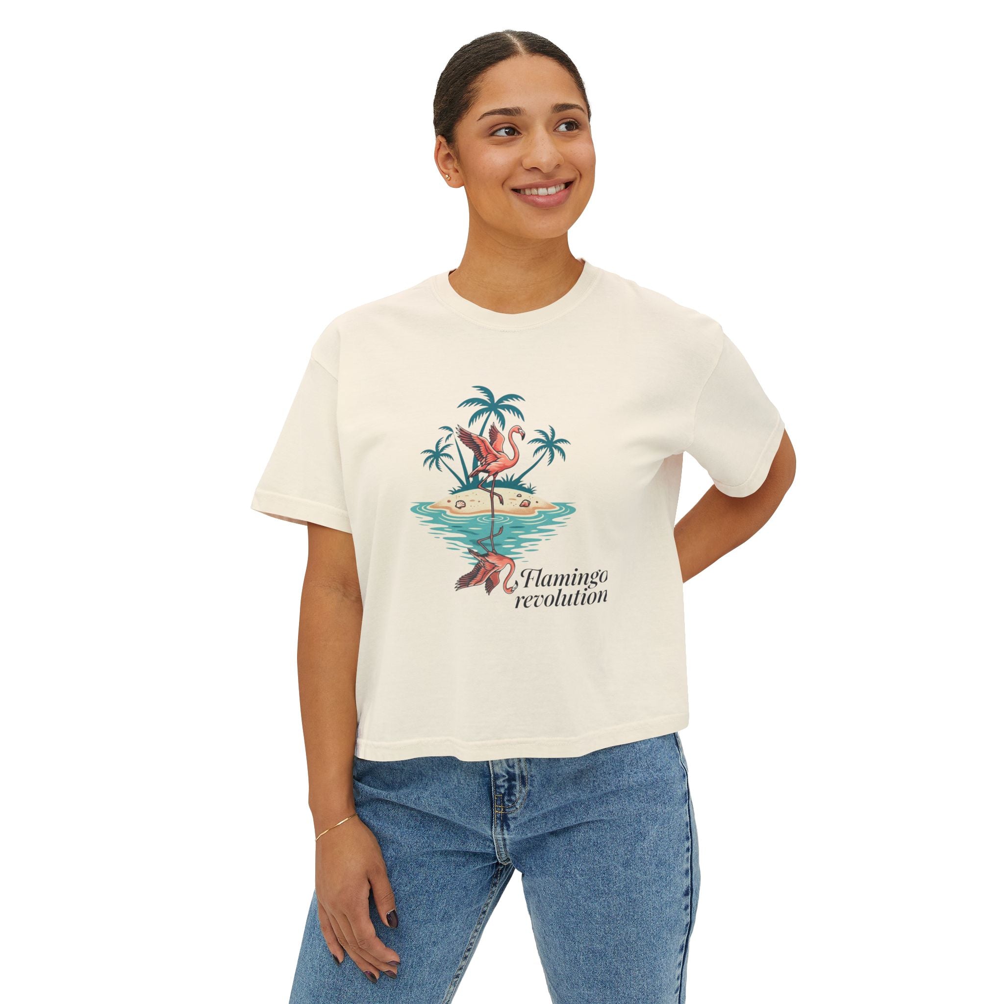 Flamingo Island Graphic Tee — Women's Boxy Beach Shirt